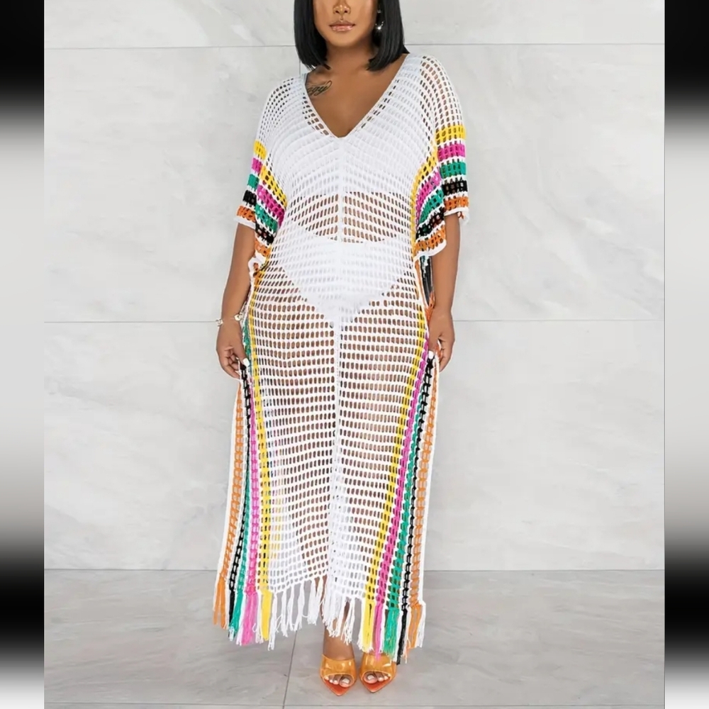 Multicolor Crochet Swim Cover-Up Plus Sise Woman Maxi Dress Beach Party Outfit.
